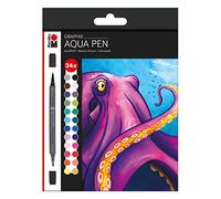 Marabu 014500000106 - Aqua Pen Graphix, Octopy, 24 Watercolour Felt-Tip Pens in Set with Brilliant Colour, Water-Based Ink, Double Tip, Watercolour Paper
