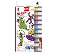 Marabu 0306000000100 - Kids Window Colour Set with 10 x 25 ml Paint and Painting Template A4 with 18 Designs, Water-Based Window Paint, Suitable for Glass, Mirrors, Tiles and Film