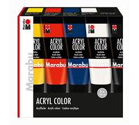 Marabu 120100000087 Acrylic Paint Set, Creamy Acrylic Paint Water-Based, Quick Drying, for Application with Brush or Sponge, 5 x 100 ml in Yellow, Vermilion Red, Dark Blue, White and Black