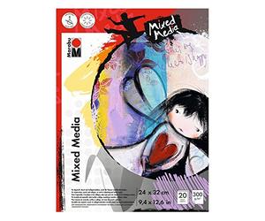 Marabu 1612000000074 - Mixed Media Colouring Pad, 300 g/m², 20 Sheets, 24 x 32 cm, Natural White, Finely Grained Paper, Matte, Acid-Free, for Watercolour and Acrylic Painting, Collage Technique,