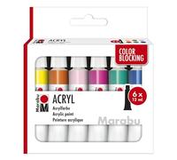 Marabu Colour Blocking, Acrylic Paint Set, 6 x 12 ml, Silky Matt Colours, Easy to Paint, Quick Drying, Non-fading, Weatherproof, for Many Painting Techniques and Surfaces, 12100000000213, 6 Basic