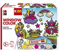 Marabu KiDS 306000000005 - KiDS Window Colour Set "Princess", 6 x 25 ml Water Based Window Paint, 2 Colouring Pages in A3 and A4, 30 Designs, for Children from 3 Years
