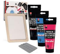 Marabu Screen Printing Kit Set - Screen Print Kit with Reusable Wooden Screen Printing Frame, 1 Screen Printing Squeegee, and 3 x 100ml Screen Printing Ink - Silk Screen Printing Kit for Beginners