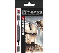 Marabu Sketch Marker Graphix Set of 6 Alpha Robot, Japanese Double 1-7mm Chisel Tip and 1mm Fine, Brilliant Colours, Quick Dry, Alcohol-Based Ink, Low Odour and Waterproof, Multi, One Size