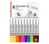 Marabu Textile Markers, Set of 10 Textile Pens for Light Fabrics, Fabric Colouring Pens with 3 mm Tip, Strong Water-Based Colours, Vegan, Machine Washable up to 60 °C After Fixation, 0115000000200