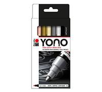 Marabu YONO Marker Pen, Bullet Tip, (1.5-3mm), Rose-Gold, Gold, Silver, Black, (734, 084, 082, 073), Pack of 4, Works On Any Surface, Metal, Glass, Wood, Fabric, Stone, Plastic, Cardboard