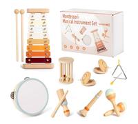 Maraiss Wooden Musical Instruments Set for Kids, 10-Piece Natural Percussion Toys with Xylophone & Maracas, Montessori Baby Musical Toys for Toddlers 1-3 Years, Early Learning Sensory Development Gift