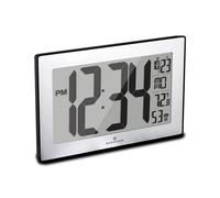MARATHON Atomic Wall Clock with Stand, Black Frame/Stainless Steel Finish - Large, 9-Inch Display - AM/PM or 24-Hour Time Format, Eight Time Zones & Indoor Temperature - Two AA Batteries Included