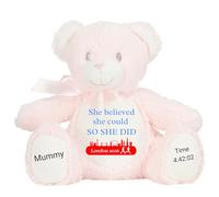 Marathon Gift Cuddly Toy - Personalised London 2026 Teddy She Believed She Could So She Did Customised Runner Running Finish Medal Congratulations Well Done Run Soft Cuddly Plushie - Pink Teddy