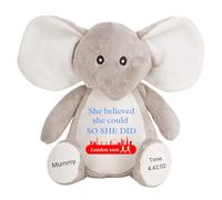 Marathon Gift Cuddly Toy - Personalised London 2026 Teddy She Believed She Could So She Did Customised Runner Running Finish Medal Congratulations Well Done Run Soft Cuddly Plushie - Grey Elephant