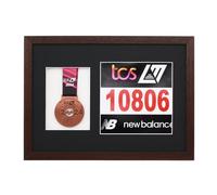 Marathon Medal Display Frame. Designed to showcase a running medal and a 20x20cm sized race number (Walnut Frame - Black Mount)