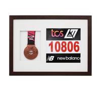 Marathon Medal Display Frame. Designed to showcase a running medal and a 20x20cm sized race number (Walnut Frame - White Mount)