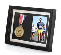 Marathon Medal Display Shadow Box, Wood Medal and Photo Display Storage Box Frame Case for Runners All Sports Winners Military Awards
