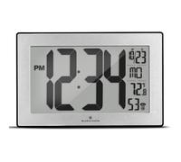 MARATHON Atomic Wall Clock with Stand, Black Frame/Stainless Steel Finish - Large, 9-Inch Display - AM/PM or 24-Hour Time Format, Eight Time Zones & Indoor Temperature - Two AA Batteries Included