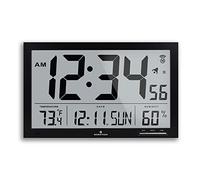 MARATHON Slim Jumbo Atomic Wall Clock, Black - Large 15-Inch Display, AM/PM or 24-Hour Time Format, 4 Time Zones, Indoor Temperature & Humidity - Four AA Batteries Included