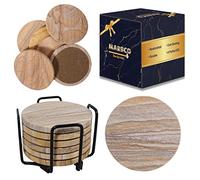 Marbco Sandstone Water Absorbent Hand Crafted Round Coasters for Drinks - 4 Inches Wide Thirsty Stone Bar/Drink Coasters- Made from Rainbow Sandstone (Set of 6 with Holder)