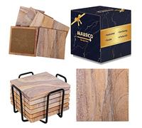 Marbco Sandstone Water Absorbent Hand Crafted Square Coasters for Drinks - 4 Inches Wide Thirsty Stone Bar/Drink Coasters- Made from Rainbow Sandstone (Set of 6 with Holder)