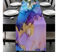 Marble Blue Table Runner 13x36 Inches Long Gold Line Gradient Purple Modern Wavy Cotton Linen Table Runner Burlap Style for Dinner Table Party Decor Tabletop Decorations