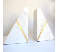Marble Bookends Handcrafted Heavy Marble Triangular Bookshelf Decor Brass Inlay Set of 2 Decorative Bookends Book Stoppers with Non-Skid Bottom Solid Home Kitchen Office Shelves Triangle