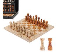 Marble Chess Set 10 Inch Handmade Coral & Dark Brown Board Game with Storage Box, Classic Travel Chess Set for Adults with Pieces & 2 Extra Queens, Elegant Gift & Home Décor