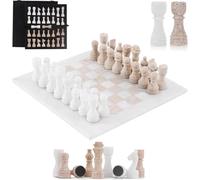 Marble Chess Set 12" Inch Handmade White and Travertine Board Game with Storage Box, Classic Travel Chess Set for Adults with Pieces & 2 Extra Queens, Elegant Gift & Home Decor