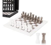 Marble Chess Set for Adults 10" Handmade White & Oceanic Board Game with 32 Chess Pieces, 2 Extra Queens & Storage Box, Luxury Travel Game, Elegant Gift for Home Decor