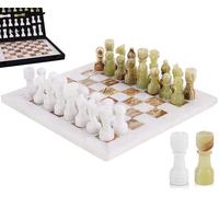 Marble Chess Set for Adults 12" Handmade White & Green Onyx Board Game with 32 Chess Pieces, 2 Extra Queens & Storage Box, Luxury Travel Game, Elegant for Home Decor