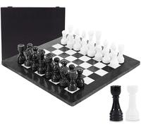 Marble Chess Set for Adults 15" Handmade Black & Coral Board Game with 32 Chess Pieces, 2 Extra Queens & Storage Box, Luxury Travel Game, Elegant Gift for Home Decor (Black & White)