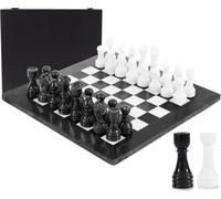 Marble Chess Set for Adults 15" Handmade Black & Coral Board Game with 32 Chess Pieces, 2 Extra Queens & Storage Box, Luxury Travel Game, Elegant Gift for Home Decor (Black & White)