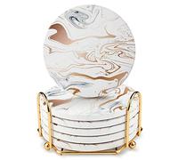 Marble Coasters for Drinks Absorbent with Cork Base, 6 Pcs Drink Coasters with Metal Holder, Gold Ceramic Cup Coaster Set Rustic Home Decor for Living Room Bar 4 ''