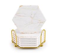 Marble Coasters for Drinks Absorbent with Cork Base, 6pcs Drink Coasters for Wooden Table with Metal Holder, Gold Ceramic Cup Coaster Set Home Decor for Housewarming