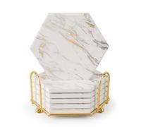 Marble Coasters for Drinks Absorbent with Cork Base, 6pcs Drink Coasters for Wooden Table with Metal Holder, Gold Ceramic Cup Coaster Set Home Decor for Housewarming (Luxury White Gold Marble 07)