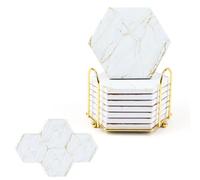 Marble Coasters for Drinks Absorbent with Cork Base, 8pcs Drink Coasters for Wooden Table with Metal Holder, Gold Ceramic Cup Coaster Set Rustic Home Decor for Living Room Bar - Housewarming Gifts