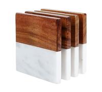 Marble Coasters for Drinks Set- Square 1/2 Wood & 1/2 Marble Drink Coasters. Absorbent Coaster Set of 4. Wood Coasters for Table or Bar