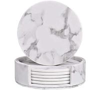Marble Coasters, PU Leather Coasters, 6Pcs/Set Round Natural Marble Coasters, Waterproof Cup Mats Non-Slip Pads for Drinks Tea Coffee Cup Mug Glass, Kitchen and Office Use (White01)