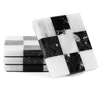 Marble Coasters Set of 4, Handmade Black & White Zebra Checkered Square Stone Coasters, 4 Inch Drinks Coasters for Living Room Table, Office Desk Accessories & Modern Home Décor Gift