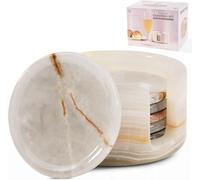 Marble Coasters Set of 6 Cream Onyx 3.5 Inch Round Stone Coaster for Drinks with Holder - Ideal Drink Coasters for Coffee Bar Accessories, Gifts, Dining Table & Home Décor
