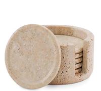 Marble Coasters Set of 6 Round 3.5 Inch Travertine Coaster for Drinks with Holder - Ideal Stone Drink Coasters for Coffee Bar Accessories, Gifts, Dining Table & Home Décor