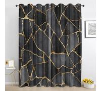 Marble Curtains, Black Gold Marble Eyelet Curtain 54 Inch Long, Abstract Modern Blackout Curtains for Bedroom Living Room, Thermal Insulated Drapes 2 Panels Vp734