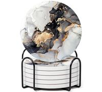 Marble Design Ceramic Coasters Set of 6 with Holder and Cork Base - Delux Grey Home Accessories for Drinks, Cup and Table Decor, 10cm/4inch