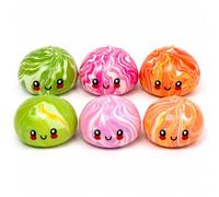 Marble Dumpling Squishy Toys 8.5cm - 6x Random Bao Bun with Swirl Design in Plastic Steamer Box, Fidget Mystery Squeeze Toy for Kids Party Bag Gift Age 3+
