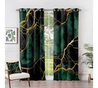 Marble Effect Abstract Modern Luxury Blackout Curtains - Emerald Green and Gold Eyelet Drapes, 46 x 72 Inch (Width x Drop) 2 Panels for Bedroom