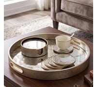 Marble Effect Round Serving Tray and Drink Coasters Set of 4 with Holder | Round marble effect tray and matching coaster set