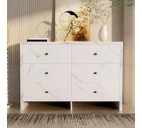 Marble Effect Sideboard with 6 Drawers, Anti-Tip Storage Cabinet, Buffet Furniture for Living Room, Bedroom, Dining Room, Kitchen - White Modern Design