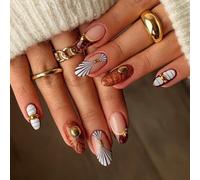 Marble Glam Almond Short Artificial Nails Set with Gold Studs and Caramel Brown French Tips - 24Pcs Glossy Nude Textured Press On Nails Kit for Women's Daily Elegant Manicure & Party