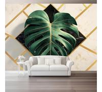 Marble Gold Line Plant Monstera Leaf Pattern Non-Woven Wallpaper | Modern Luxury Style Green Wallpaper, 200x140cm Feature Wallpaper for Bedroom Adults Teenager Living Room