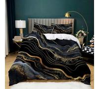 Marble Gold Lines Duvet Cover Set King Size, Black Print Bedding 3Pcs with 2 Pillowcases, Microfiber Comfortable Breathable Quilt Cover 230x220 cm for Kids Boys Girls Adults