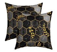 Marble Honeycomb Pillow Covers Geometric Hexagon Patchwork Grid Print Cushion Covers for Teens Adults Golden Gradient Leaves Glitter Decorations Cushion Cases for Living Room 18x18 Inch Set of 2