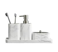 Marble Look Bathroom Counter Top Accessory Set of 6, Modern Dispenser for Toothbrush Holder/Lotion Dispenser, Soap Dish and Tray White