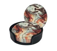 Marble Mixed Brown Print Round Leather Coasters - Set Of 6, Ultra-Fiber Pu Leather